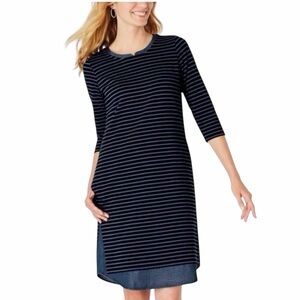 J. Jill Navy Blue Striped Knit Chambray Hem Shift Dress Women's Sz XLP Pockets